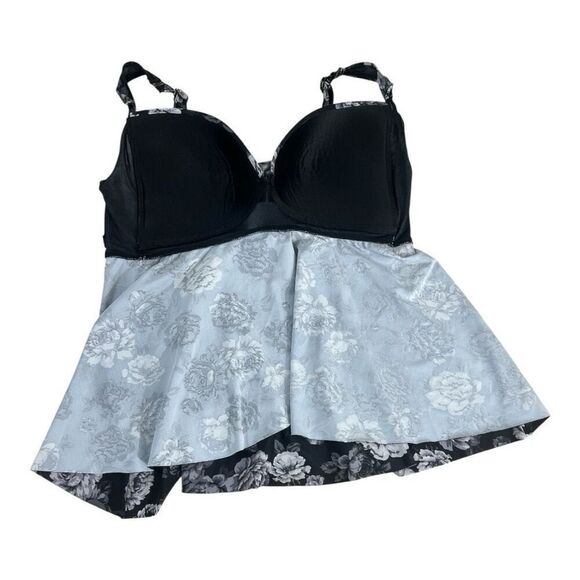 Torrid Black Grey Floral Retro Tankini Top Plus Size 1F Slit Swimwear Women - Picture 6 of 12